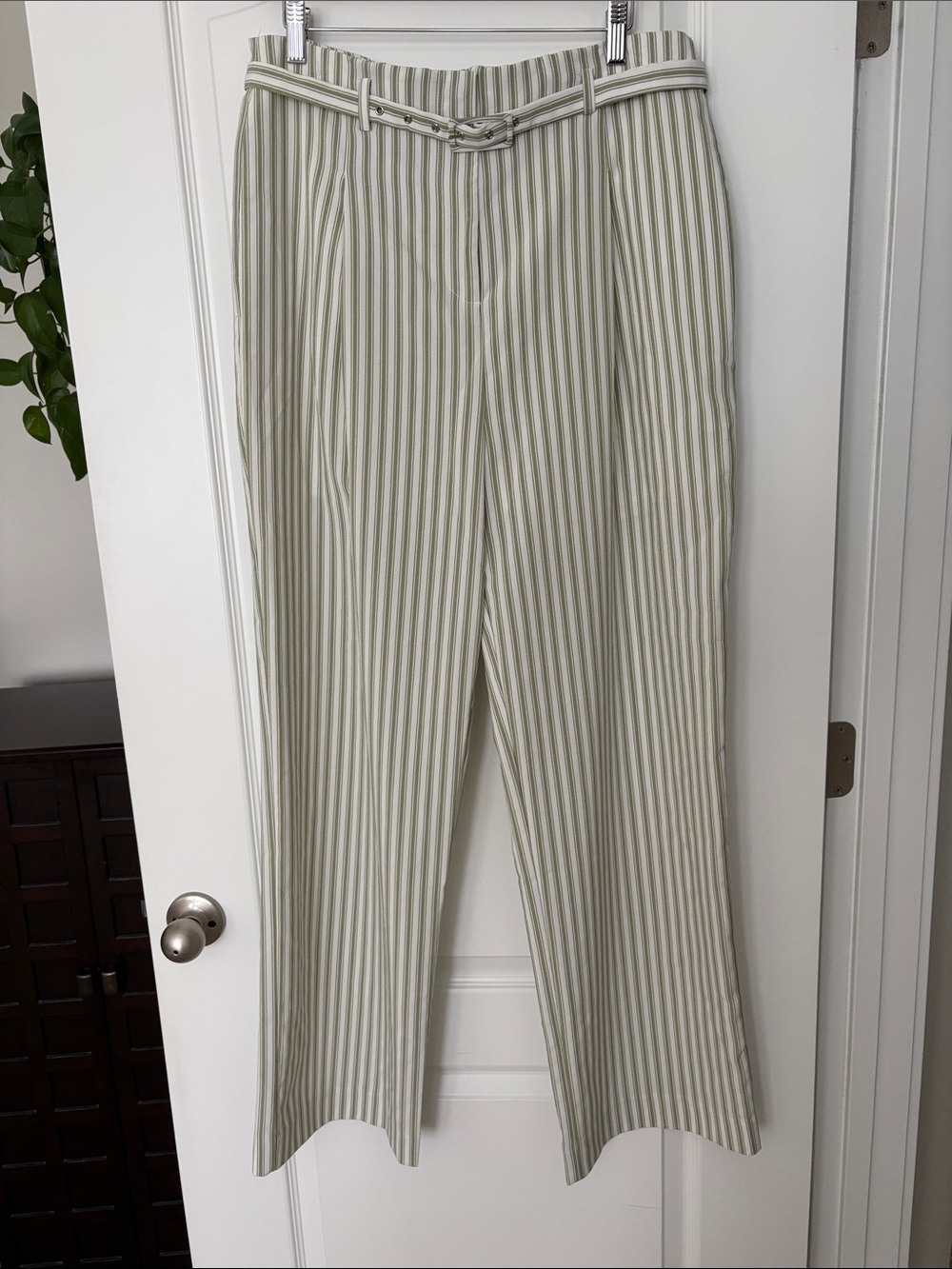 English Factory Striped Wide-Leg Trousers in Sage and Cream